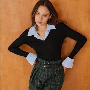 Commense Black and Blue V-Neck Top